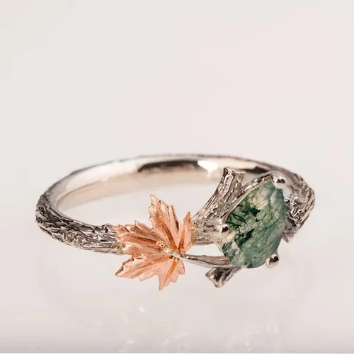 Vista 3 de Dorunmo Moss Agate Ring for Women 925 Sterling Silver Green Stone Agate Ring Leaf wedding ring Moss Agate Jewelry Gift for Engagement Anniversary