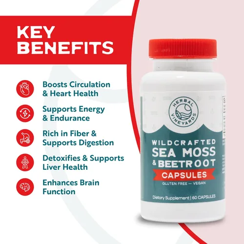 Vista 2 de Herbal Vineyards Musgo marino orgánico silvestre y remolacha 60 cápsulas Apoyo inmunológico, salud digestiva y energía mejorada Apto