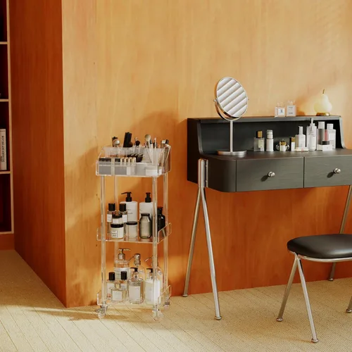 Vista 2 de Aquiver Organizador de Maquillaje Acrílico Carrito de Almacenamiento - Carrito de Maquillaje Rodante de 3 Niveles Organizador de Tocador - Estuches