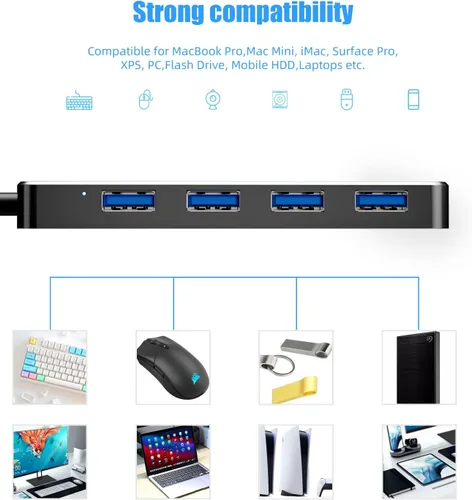 Vista 7 de PANPEO Hub USB 3.0 de 4 puertos 5Gbps para PC portátil Xbox 4-port USB 3.0 hub, 5Gbps transfer, Plug and play, For laptop/PC/Xbox/PS4, Backward