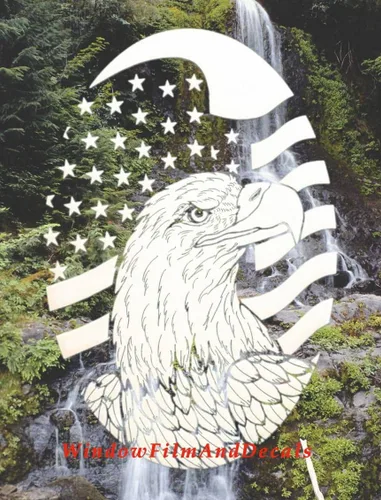 Vista 2 de Calcomanía ovalada de vinilo para ventana, grabado vertical, bandera y águila, 8 x 12 pulgadas, color blanco con elementos de diseño transparentes