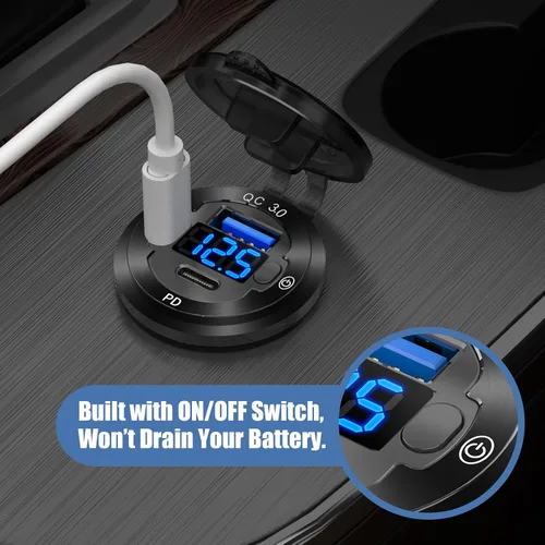Vista 5 de Enchufe USB redondo de 12 V para automóvil, toma de corriente USB C de 12 V, cargador rápido marino de 3 puertos, impermeable, repuesto de salida