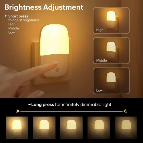 Vista 4 de Luz nocturna LED enchufable, paquete de 2 luces nocturnas regulables con sensor de atardecer a amanecer y enchufe retráctil y 3 brillo ajustable