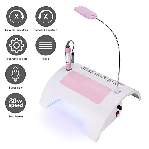 Vista 5 de Colector de polvo de uñas 5 en 1 con taladro, máquina eléctrica multifuncional para taladro de uñas con colector de polvo, lámpara de escritorio