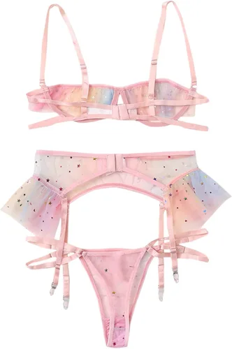 Vista 5 de LilosySexyUnderwireCuteSheerKawaiiGarterBeltLingerieSetBraandPanty3Piece