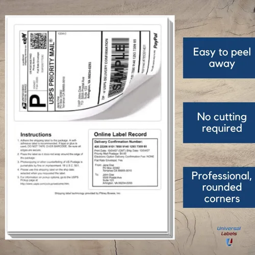 Vista 3 de 100 etiquetas para envíos clics con recibo de arranque para imprimir franqueos en línea. Universal Labels® Tear Off Receipt, Self Adhesive, For
