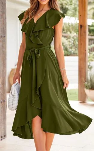 Vista 6 de PRETTYGARDEN - Verano 2024, vestido cruzado por debajo de la rodilla para mujer, con cuello en V profundo, estilo bohemio, floral, manga corta