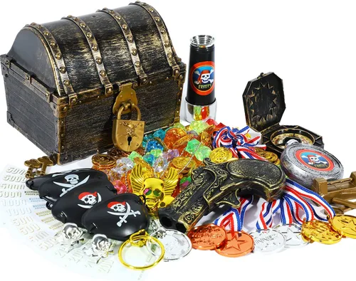 Vista 9 de Lingway Toys Cofre del Tesoro Pirata Grande para Niños Favorito del Maestro Caja de Almacenamiento de Colección de Tesoros con 2