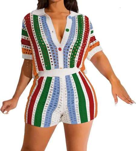 Vista 11 de VOIKERDR Crochet Sets Two Piece Women Hollow Out Shirt and Shorts Todo negro
