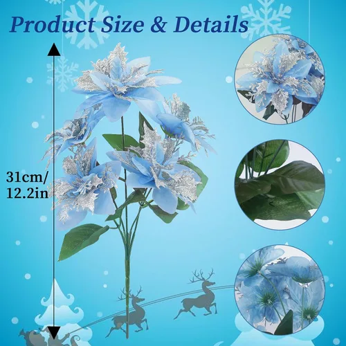 Vista 3 de 4 flores artificiales de Pascua de Navidad, adornos de flores sintéticas con purpurina, 5 tallos de Pascua florales con hojas de tallo para fiesta