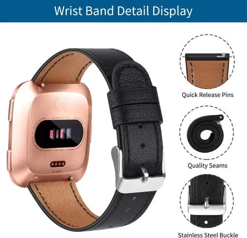 Vista 4 de Correas de cuero compatibles con pulseras Fitbit Versa 2 y Versa Lite, correa de cuero de repuesto clásica para Fitbit Versa SE para mujeres