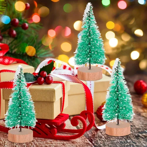 Vista 4 de Sumind 48 piezas de mini cepillos para árboles de Navidad, árbol de nieve de sisal, árbol artificial de invierno, mini pino con base de madera