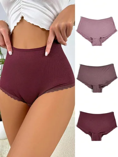 Vista 3 de OYOANGLE Ropa interior de 3 piezas de cintura alta para mujer con ribete de encaje festoneado