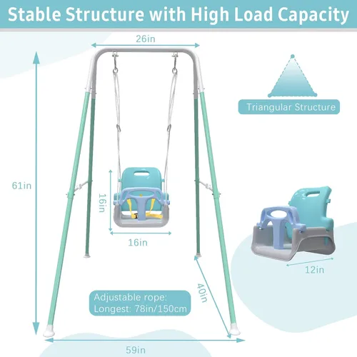 Vista 5 de Columpio multifuncional para niños pequeños, columpio plegable para bebé para uso en exteriores e interiores, fácil de instalar y almacenar (azul)