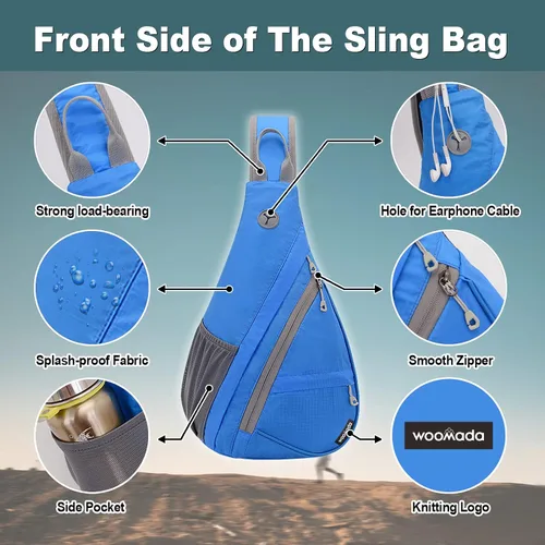 Vista 4 de WOOMADA Bolso bandolera pequeño para hombres y mujeres, mochila de viaje cruzada con agujero oculto para auriculares