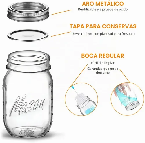 Vista 4 de Tarros Mason de boca regular de 16 onzas con tapas, paquete de 6 Tarros Mason de 16 oz - 6 piezas