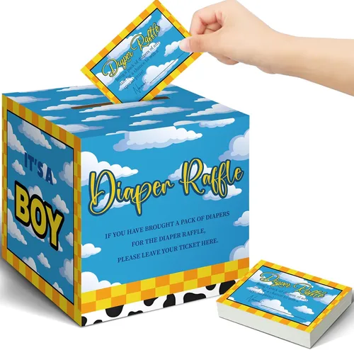 Vista 27 de Teling 51 boletos para rifas de pañales con caja de tarjetas, decoración de baby shower, caja de revelación de género para fiesta de rifas