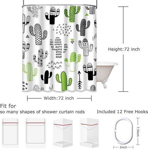Vista 2 de Cortina de ducha negra del desierto lindo dibujado a mano con cactus hipster geométrico impermeable tela de poliéster 72 x 72 pulgadas, juego