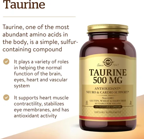 Vista 3 de Solgar Taurina 500 mg, 250 cápsulas vegetales - Antioxidante - Salud cerebral - Aminoácidos - Vegano, sin gluten, sin lácteos, Kosher - 250 porciones