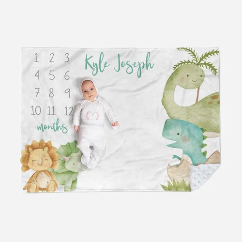 Vista 10 de Manta de hito mensual personalizada para bebé, nombre personalizado con diseño de dinosaurio, fondo de fotografía, manta de felpa suave con respaldo