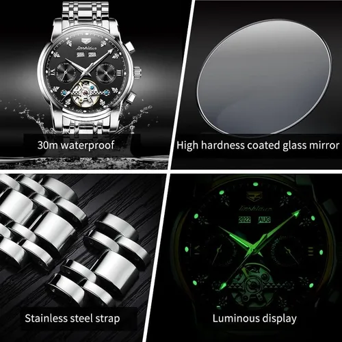 Vista 5 de JSDUN Relojes para hombre automáticos de esqueleto Tourbillon con diamantes de cuerda automática, reloj de pulsera de acero inoxidable, impermeable