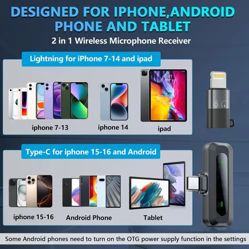 Vista 5 de RICCHI Micrófono inalámbrico para iPhone/iPad/teléfono Android, paquete de 2 mini micrófonos con cancelación de ruido y pantalla LED, micrófonos