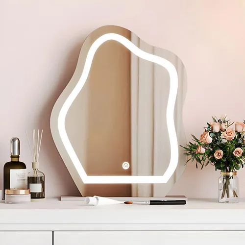 Vista 7 de LAKIQ Moderno juego de escritorio de maquillaje blanco con taburete de espejo, tocador ajustable de madera fabricada con 6 cajones de almacenamiento