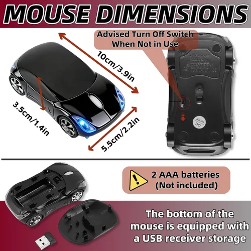 Vista 3 de Ratón inalámbrico negro, mini mouse para computadora de automóvil, 1600DPI 2.4G con receptor USB, mouse ergonómico para computadora portátil, PC