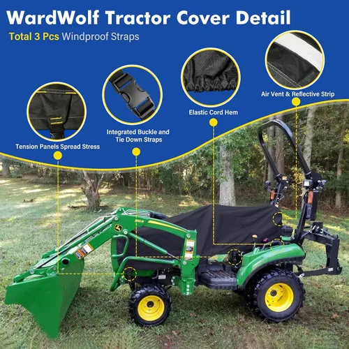 Vista 2 de Cubierta de tractor impermeable resistente 1200D compacta utilitaria cubierta de tractor compatible con Kubota, John Deere, Mahindra, Bobcat (negro)