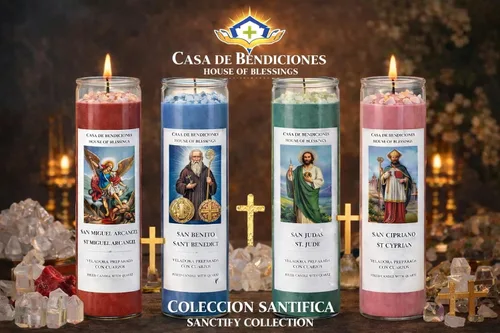 Vista 3 de SAN Benito Veladora Preparada con Cuarzos-Saint Benedict Vela Fija con Cuarzo, Azul, Casa de Bendiciones - Casa de Bendiciones