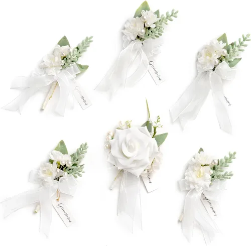 Vista 26 de Ling's Moment Boutonniere para Hombres Boda, Juego de 6, Novio y Padrinos Boutonniere para Boda Regreso a Casa Halloween Ceremonia Aniversario, Cena