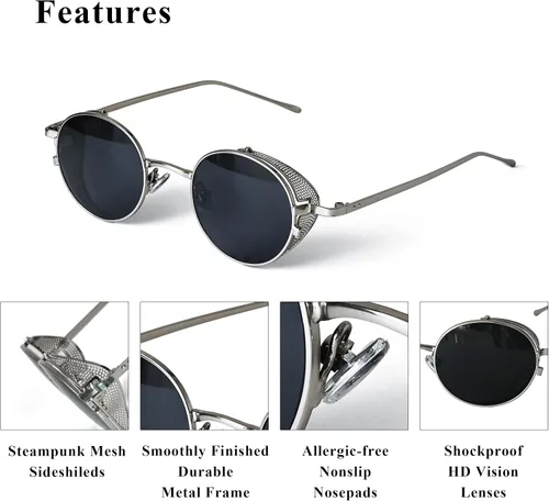 Vista 6 de Technigadgets Gafas de sol redondas de metal vintage para hombres y mujeres con escudos laterales, gafas de sol Scott estilo gótico retro