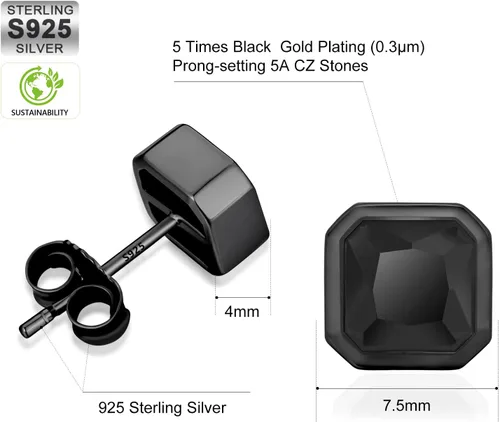 Vista 4 de KRKC&CO - Aretes tipo dormilona para hombre, cuadrados, plata de ley 925, circonita cúbica negra, hipoalergénicos, elegante aspecto hip hop