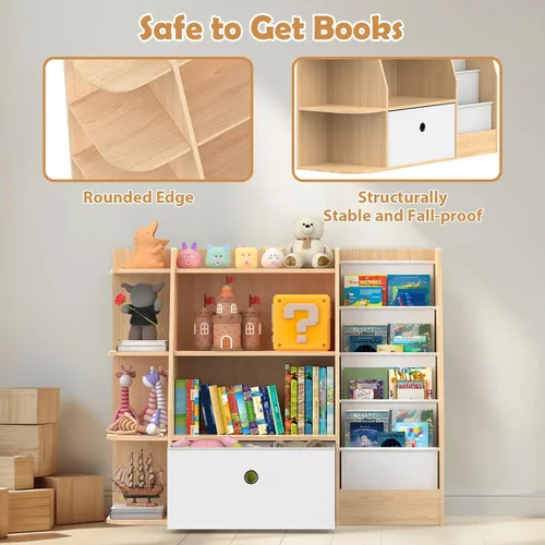 Vista 6 de Estantería para niños y almacenamiento de juguetes, estante de madera de 4 niveles para libros, estantería grande para niños con cajones, estantería