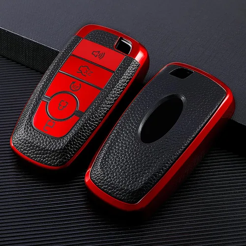 Vista 4 de Funda para llavero Ford de TPU suave con llavero de cuero, funda protectora completa compatible con Ford Explorer Mustang Fusion Escape F150 F250