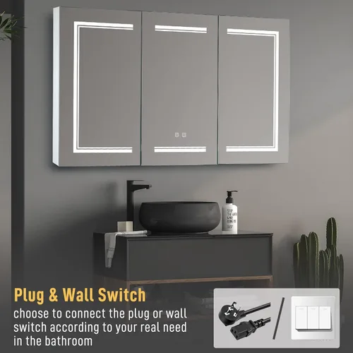 Vista 6 de Karl home Botiquín de baño de 3 puertas de 48 x 28 pulgadas con espejo LED, gabinete de baño regulable de 3 colores montado en la pared con estantes