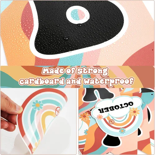 Vista 3 de Juego de 85 tableros de buletin retro para el aula, diseño de arcoíris Groovy, calendario con punta de pegamento para decoración de pared