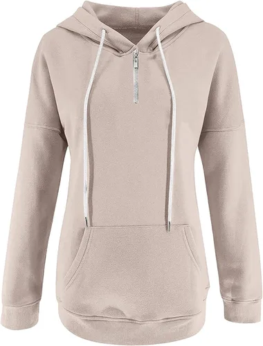 Vista 2 de Sudadera con capucha y media cremallera para mujer, con cordón, atlética, moderna, con bolsillo frontal, manga larga, para otoño