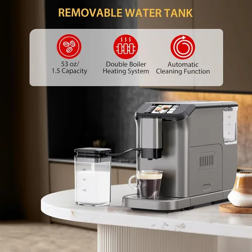 Vista 5 de Garvee Máquina de café expreso totalmente automática con molinillo integrado y espumador de leche, cafetera para 4 bebidas y café con leche