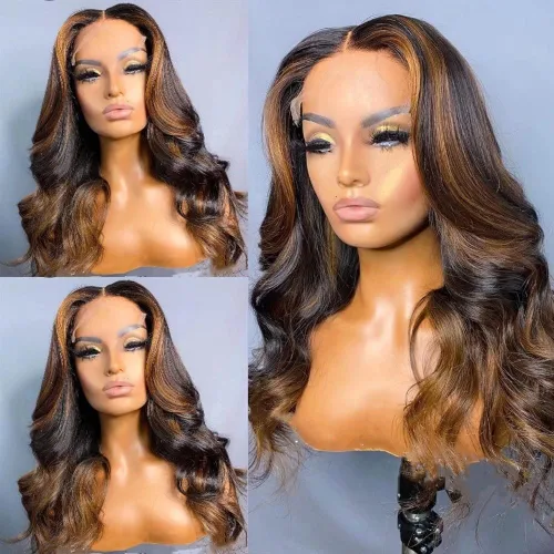 Vista 11 de Peluca de cabello humano ondulado con reflejos rubios y marrones, encaje frontal, sin pegamento, prearrancada, Remy brasileño, densidad 150, 12