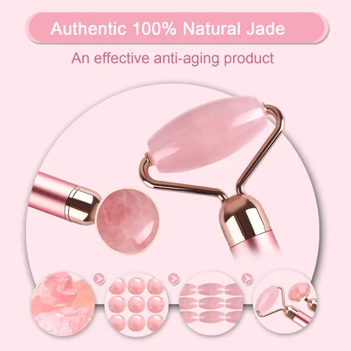 Vista 2 de Rodillo masajeador facial de jade vibratorio 2 en 1, rodillo facial eléctrico de cuarzo rosa para presionar el aceite de crema para la piel