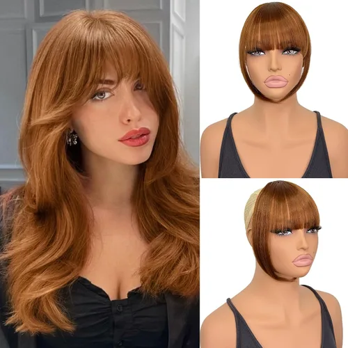 Vista 14 de VAVANGA Flequillo francés con clip - Flequillo natural largo y ondulado en negro jet con templos - Pinza de cabello ordenada para mujer (#1)