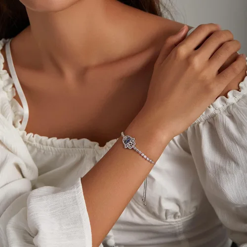 Vista 6 de BISAER Pulsera de plata de ley 925 con circonita cúbica Hamsa ajustable para mujer