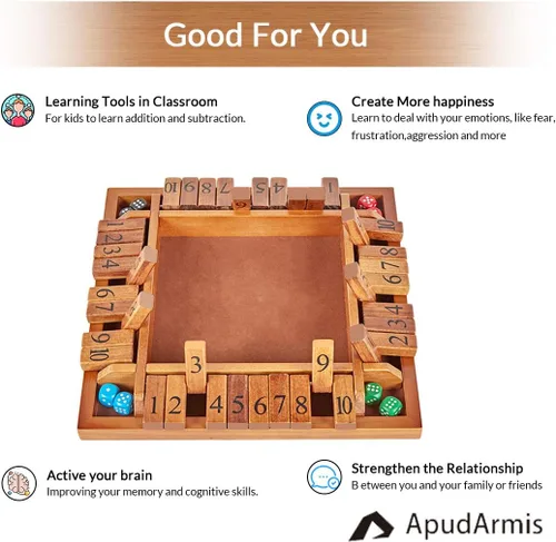 Vista 5 de ApudArmis Shut The Box de 4 vías, juego de mesa grande de madera con dados, 4 formas de jugar Shut-The-Box para adolescentes, complemento