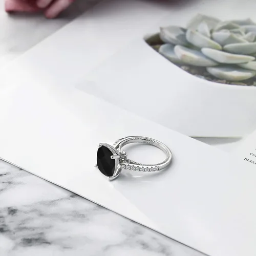 Vista 4 de Gem Stone King Anillo de compromiso de mujer de plata de ley 925 con ónix negro y zafiro blanco