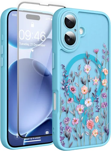 Vista 176 de Magnético para iPhone 13 con protector de pantalla [Compatible con MagSafe] Diseño de patrón floral de flores bonitas, funda delgada a prueba