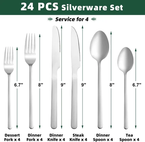 Vista 8 de Juego de cubiertos de 24 piezas con cuchillos para carne, juego de cubiertos de acero inoxidable para 4, juego de cubiertos de grado alimenticio