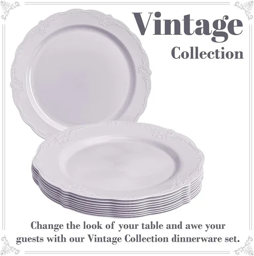 Vista 3 de Platos desechables de diseño vintage para postre para fiesta (10 piezas) Juego de vajilla desechable resistente de 7.5", platos de plástico
