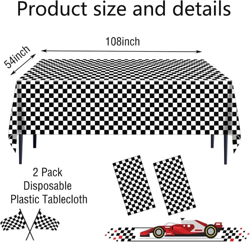 Vista 2 de Paquete de 2 manteles a cuadros blancos y negros de 54 x 108 pulgadas, desechables, de plástico, con bandera de carreras, impermeable, rectangular