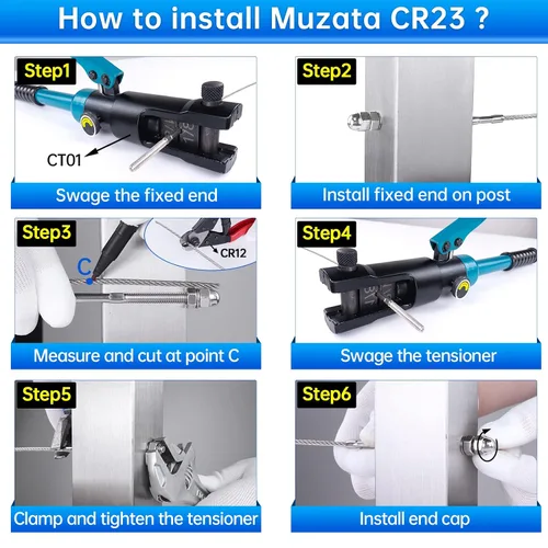 Vista 4 de Muzata Paquete de 10 accesorios de barandilla de cable de 1/8 pulgadas, tensor roscado a mano para poste de metal de 2 x 2 pulgadas, sistema